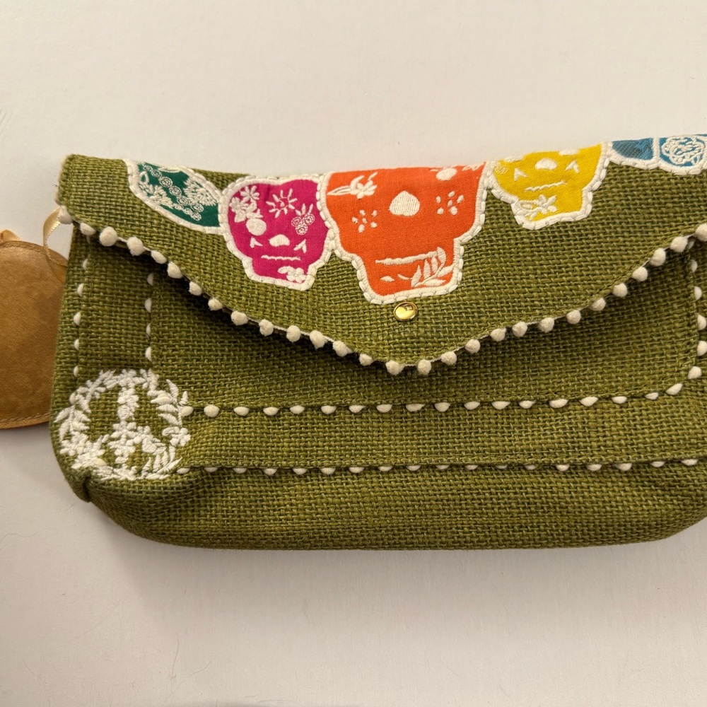 Colorful Skull Pattern Green Clutch Purse Loop Burlap BV9